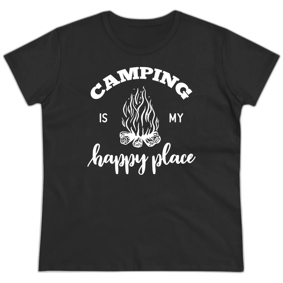 Camping Is My Happy Place Ladies Tee in Black