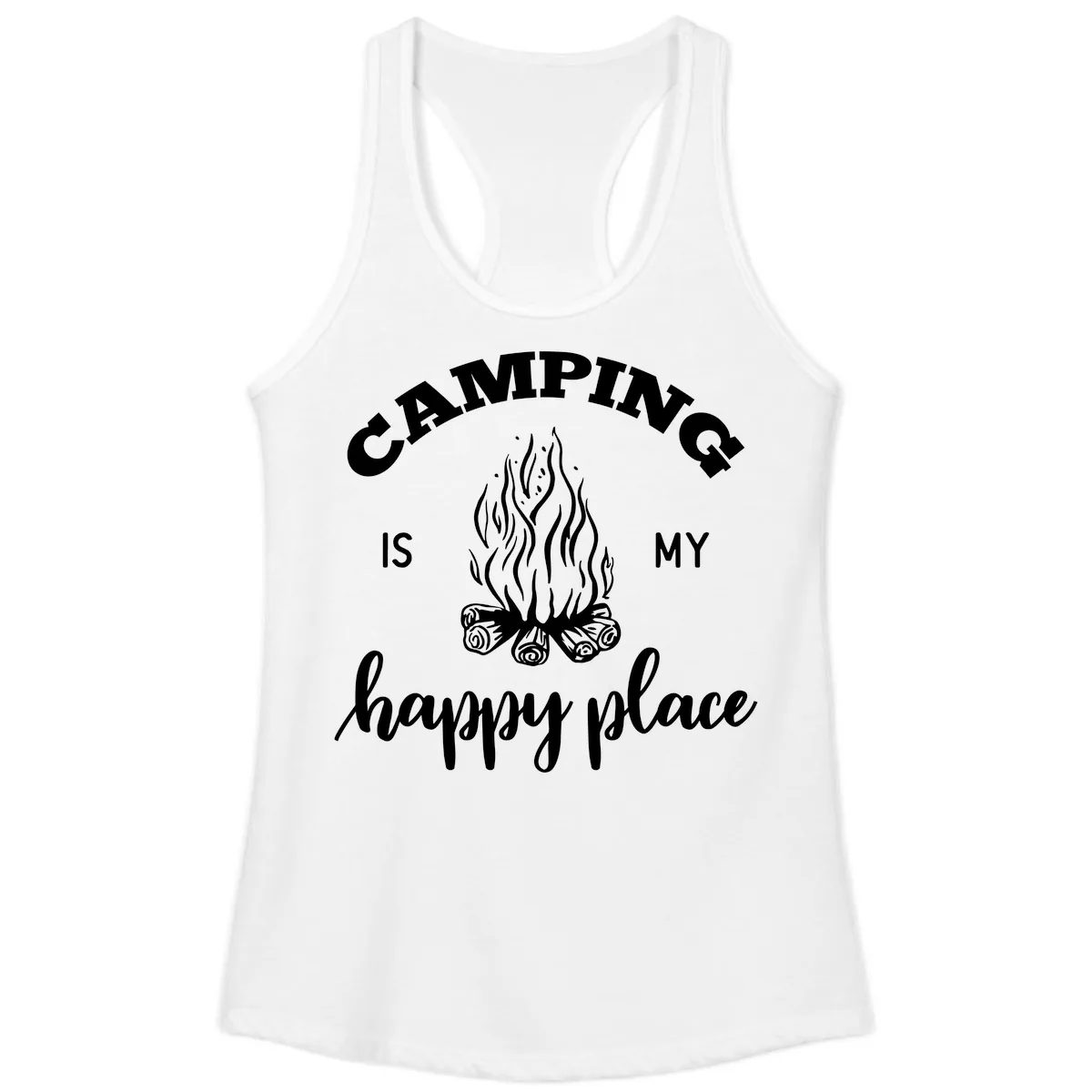 Camping Is My Happy Place Ladies Tank in White