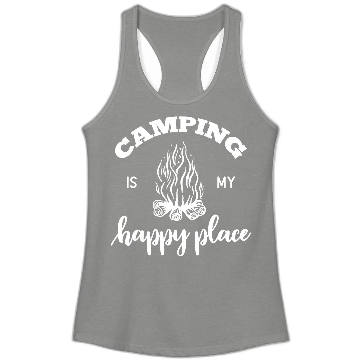Camping Is My Happy Place Ladies Tank in Heather Grey