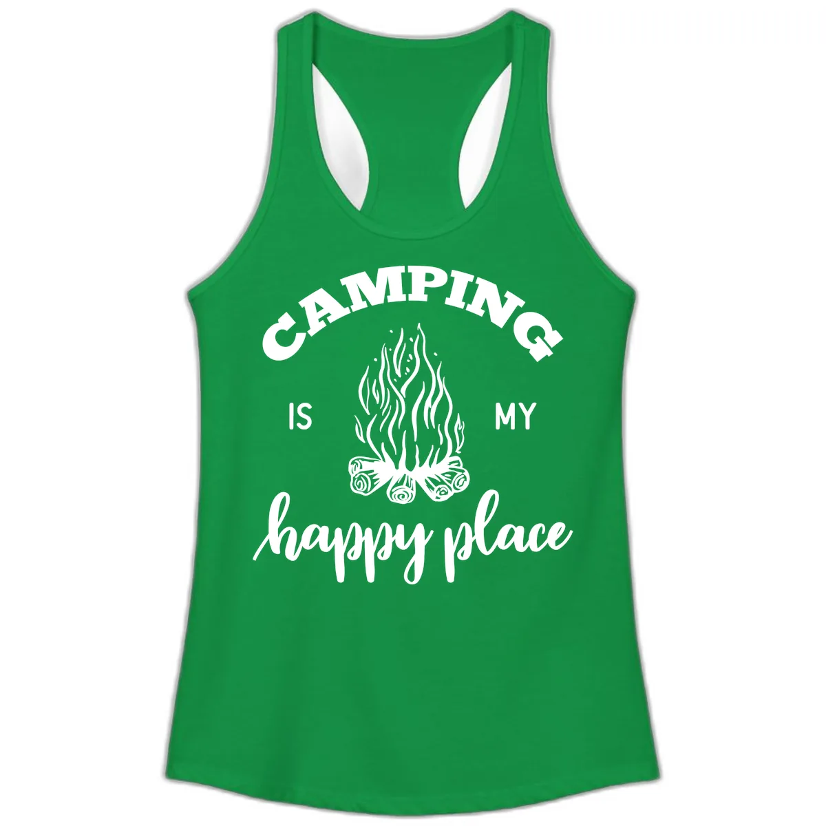 Camping Is My Happy Place Ladies Tank in Solid Kelly Green