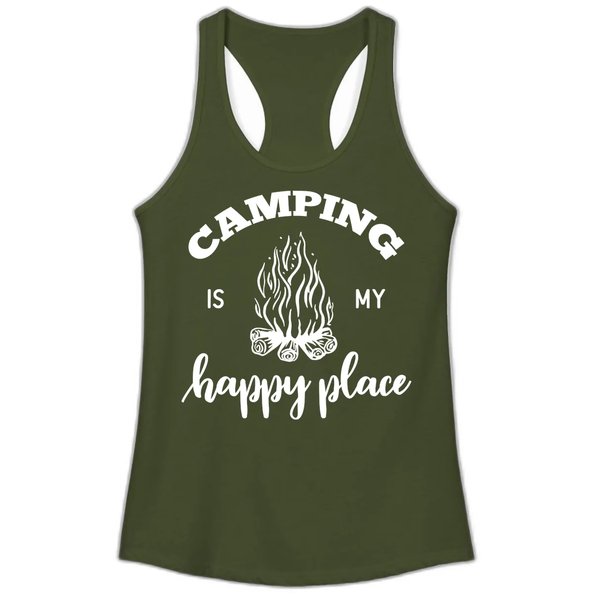 Camping Is My Happy Place Ladies Tank in Solid Military Green
