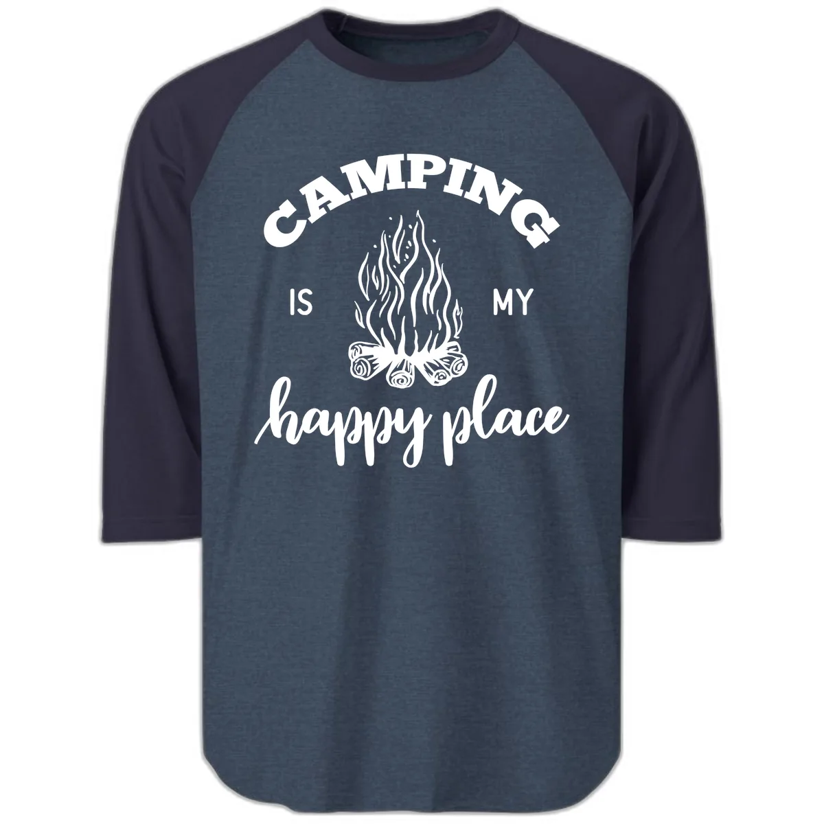 Camping Is My Happy Place Raglan 3/4 in Heather Denim Navy