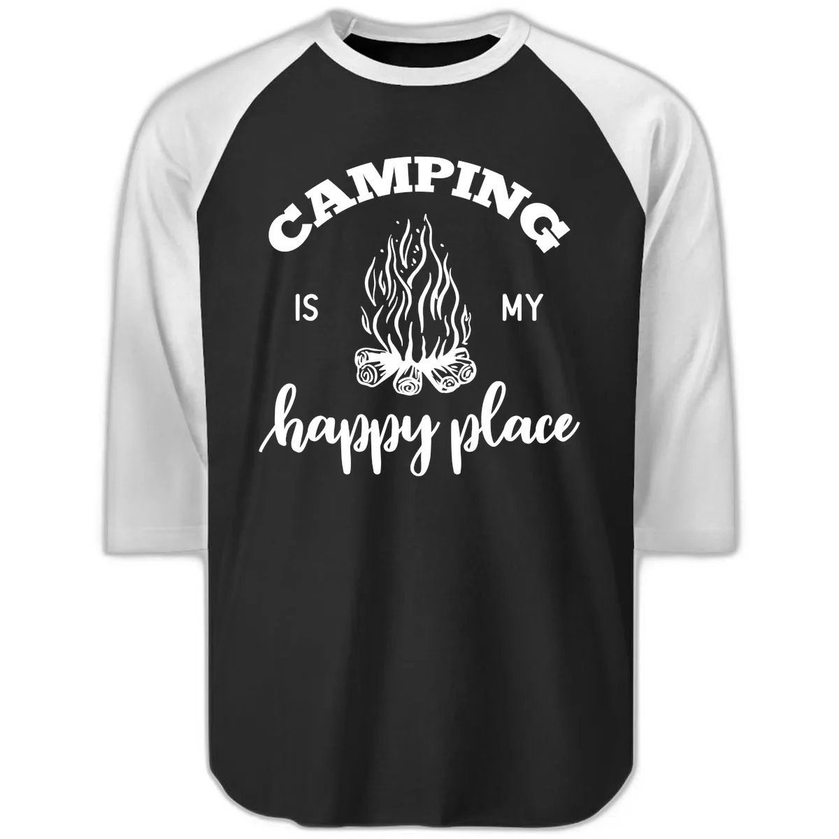 Camping Is My Happy Place Raglan 3/4 in Black White