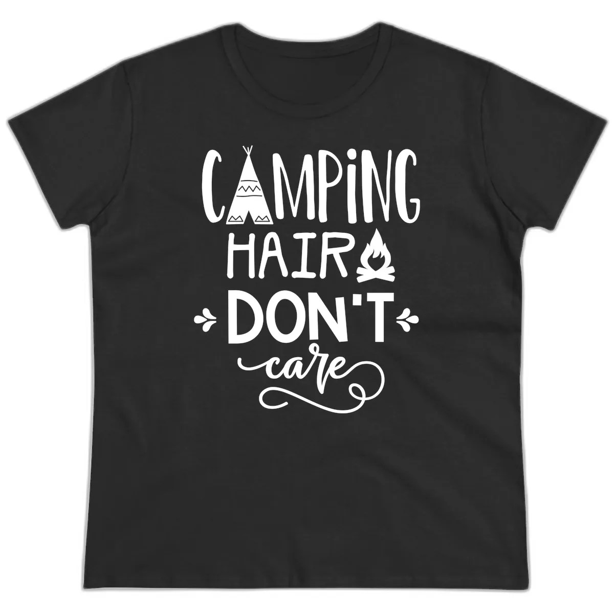 Camping Hair Don't Care Ladies Tee in Black