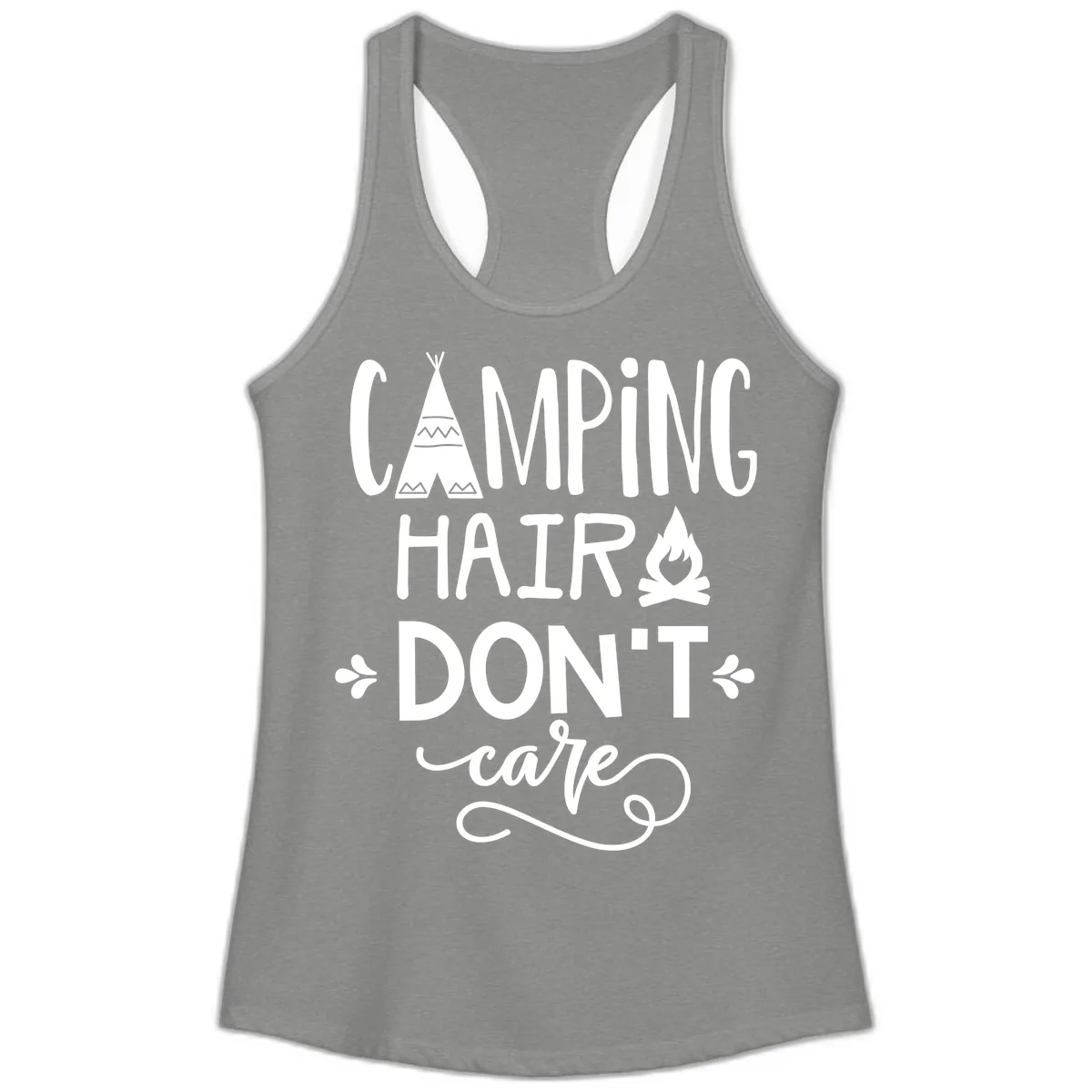 Camping Hair Don't Care Ladies Tank in Heather Grey