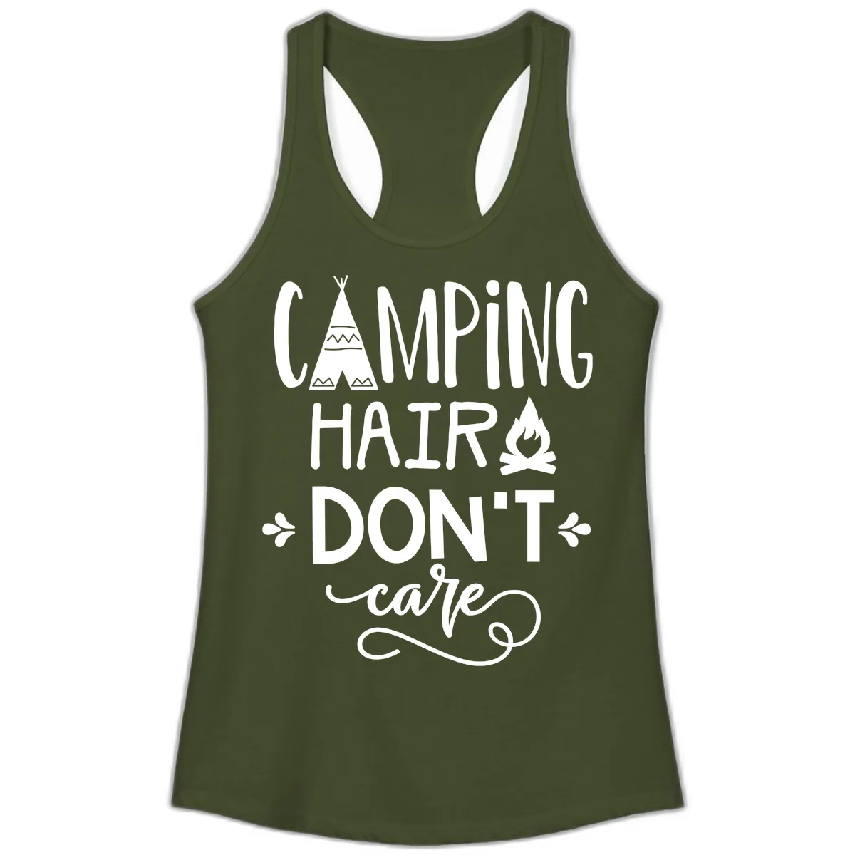 Camping Hair Don't Care Ladies Tank in Solid Military Green