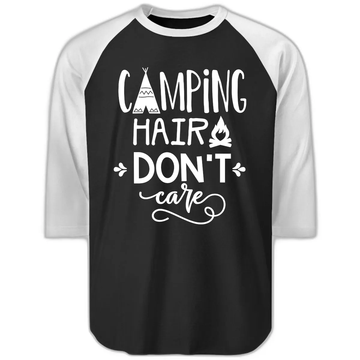 Camping Hair Don't Care Raglan 3/4 in Black White