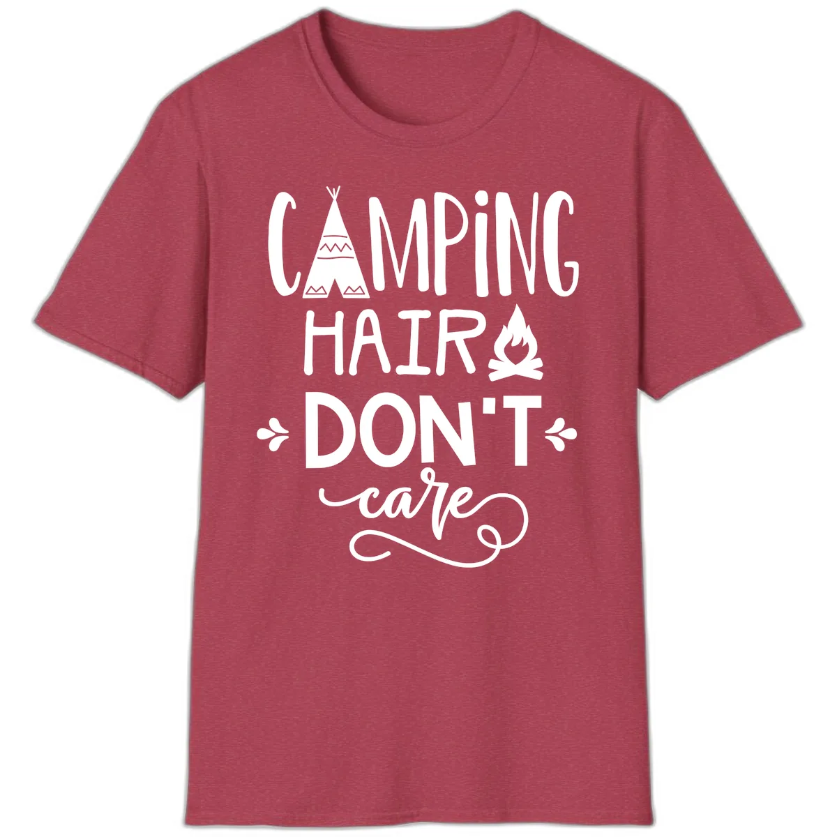 Camping Hair Don't Care T-Shirt in Heather Cardinal