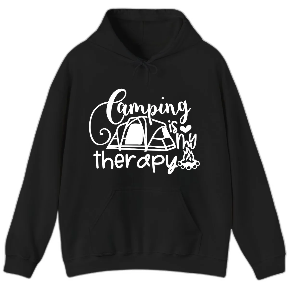 Camping Is Therapy Tent Campfire Hoodie in Black