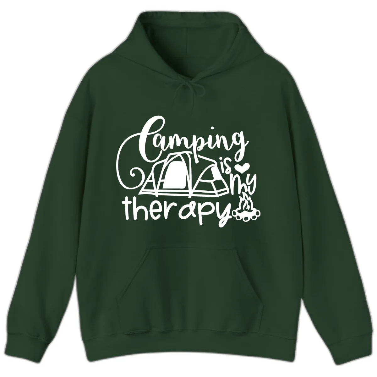Camping Is Therapy Tent Campfire Hoodie in Forest Green