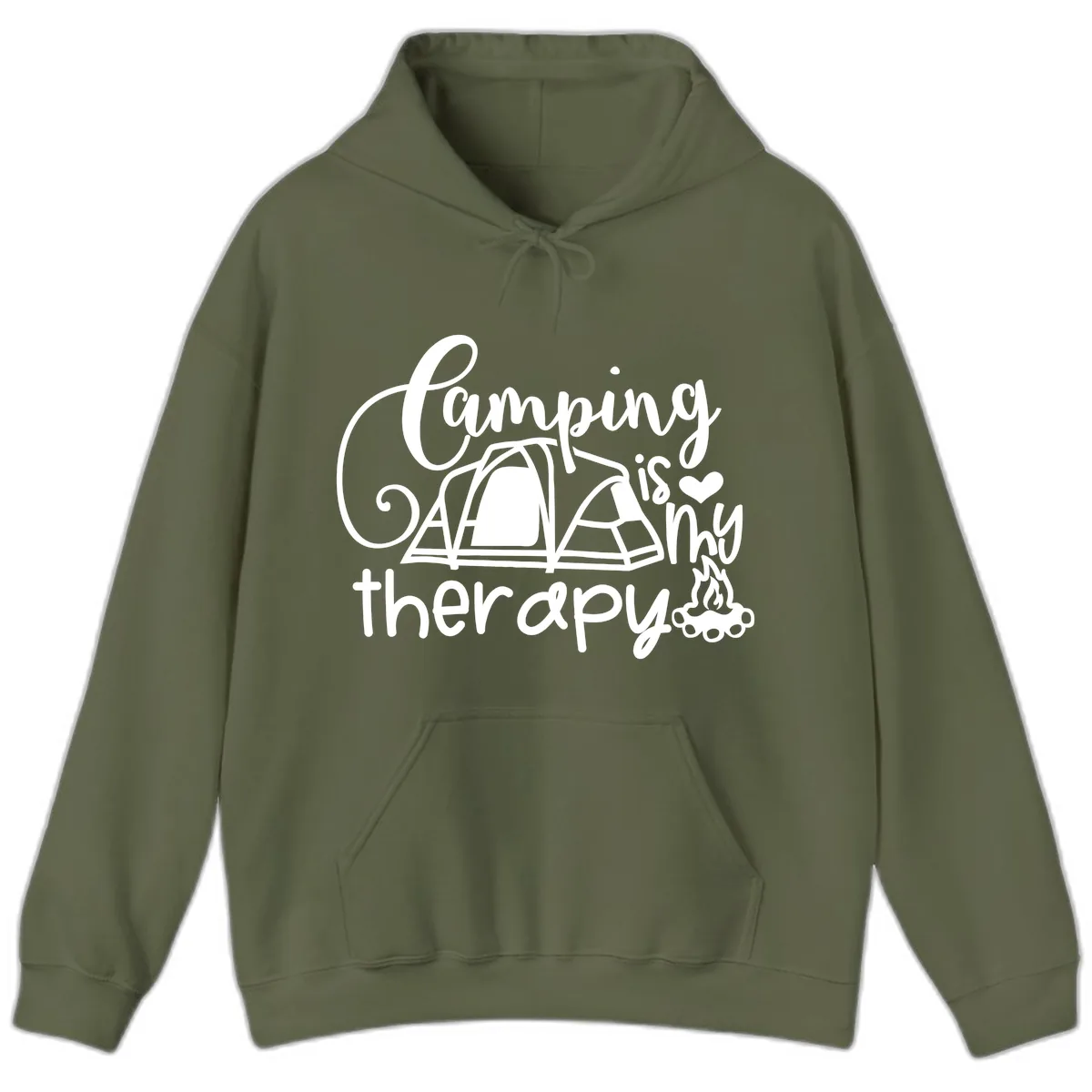 Camping Is Therapy Tent Campfire Hoodie in Military Green