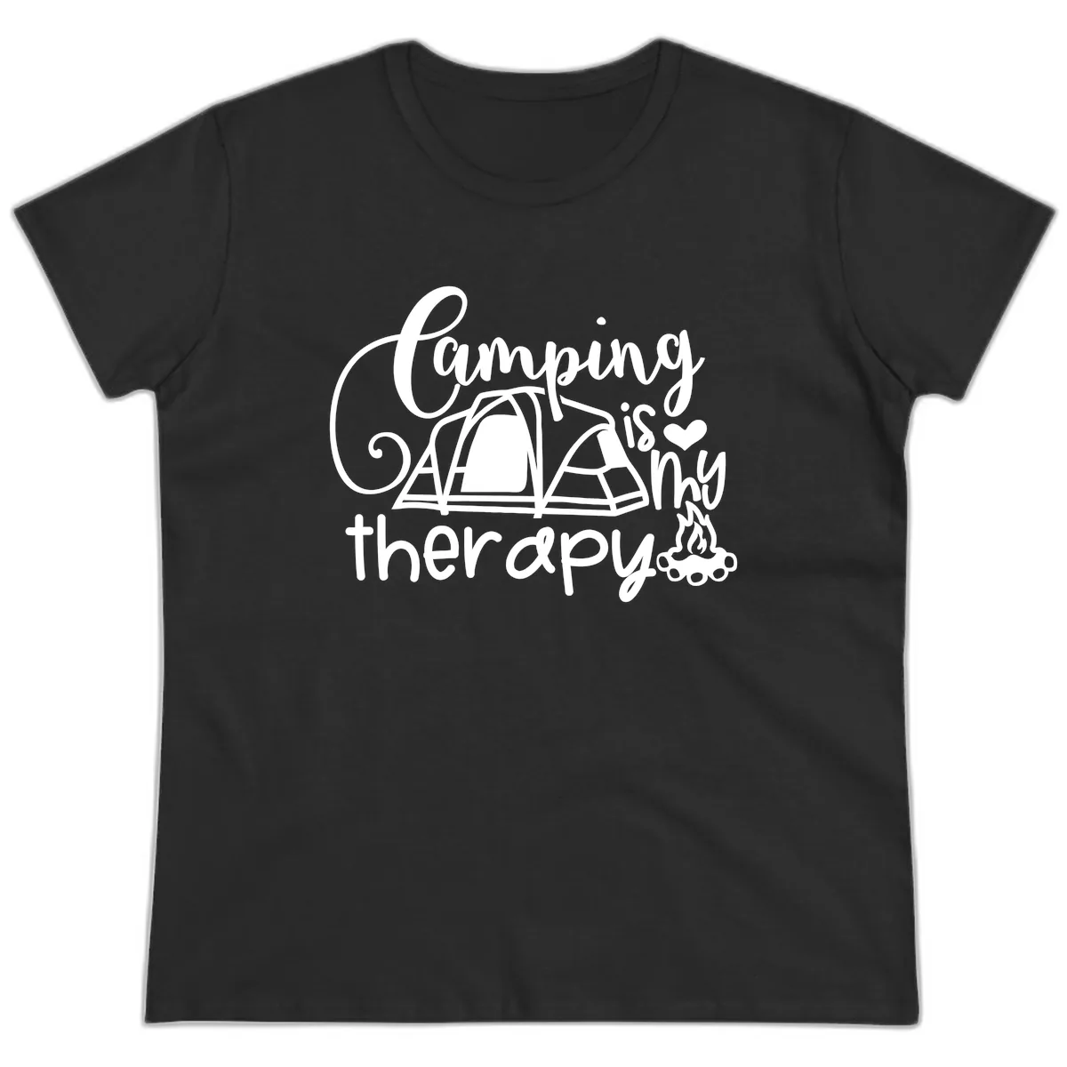 Camping Is Therapy Tent Campfire Ladies Tee in Black
