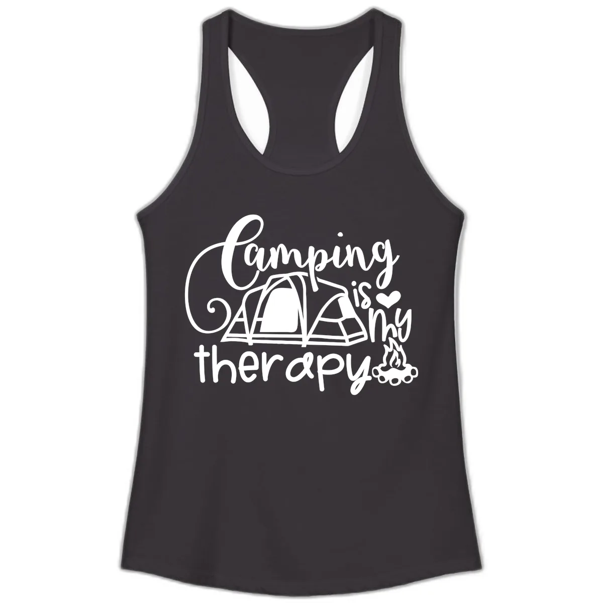 Camping Is Therapy Tent Campfire Ladies Tank in Black