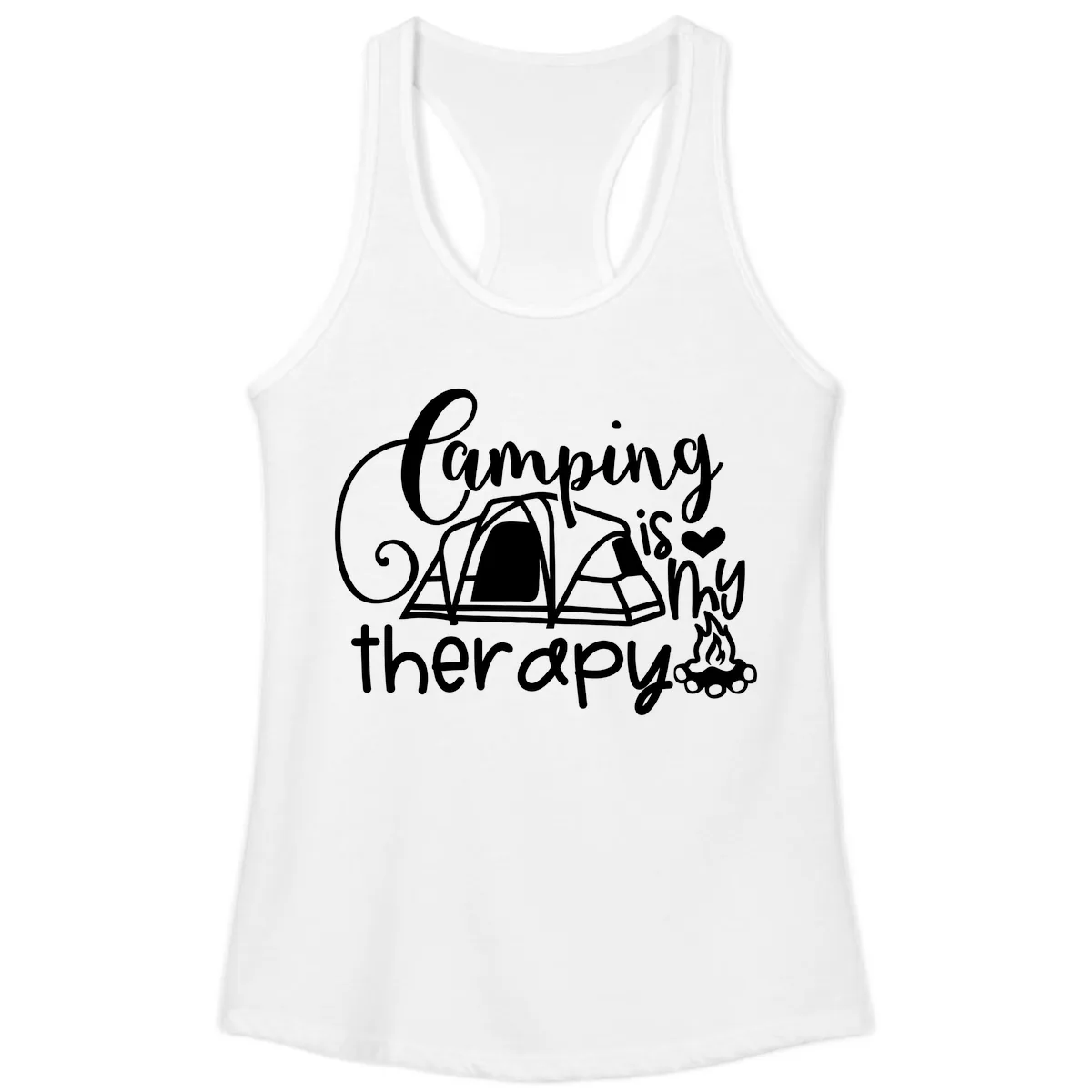 Camping Is Therapy Tent Campfire Ladies Tank in White