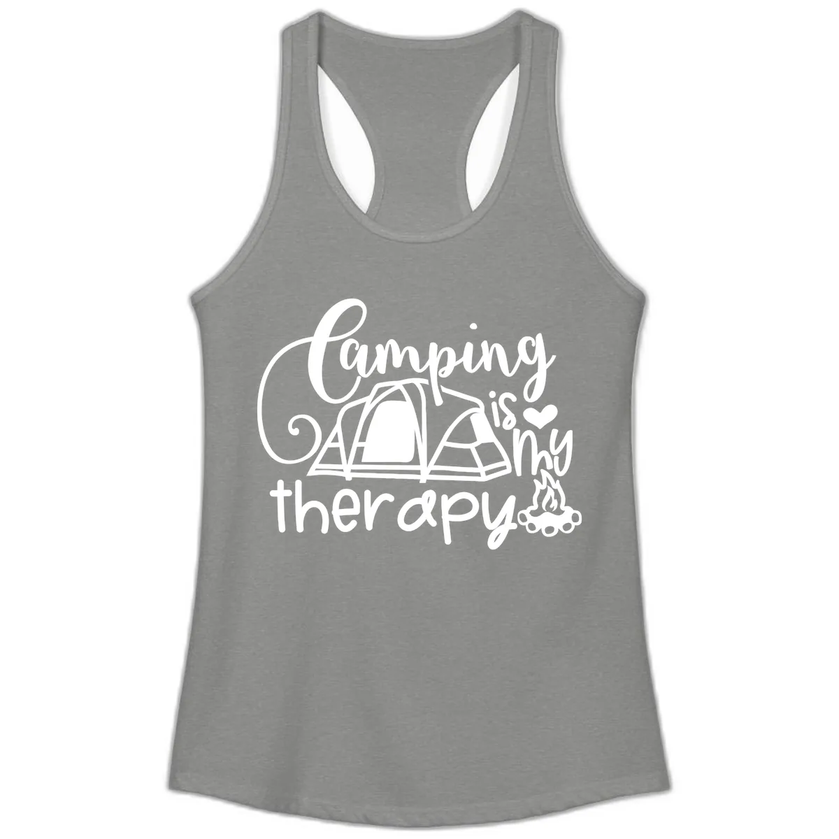 Camping Is Therapy Tent Campfire Ladies Tank in Heather Grey