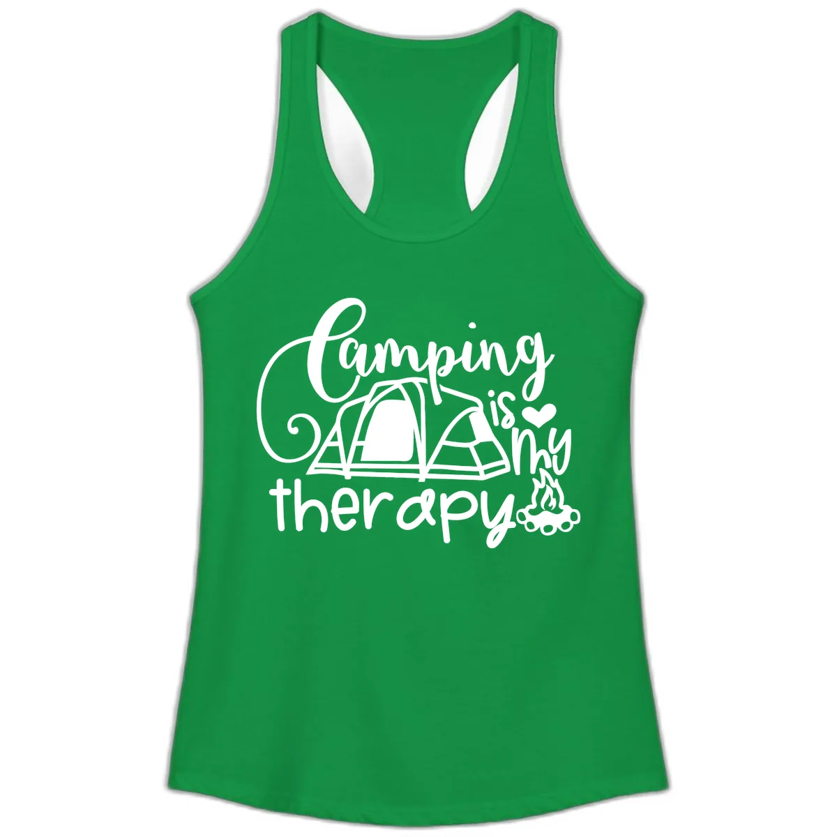 Camping Is Therapy Tent Campfire Ladies Tank in Solid Kelly Green