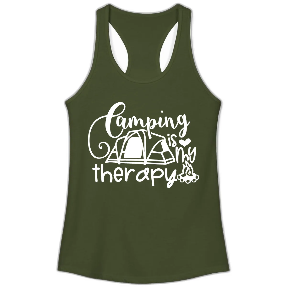 Camping Is Therapy Tent Campfire Ladies Tank in Solid Military Green