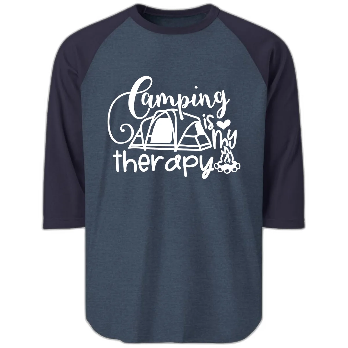 Camping Is Therapy Tent Campfire Raglan 3/4 in Heather Denim Navy