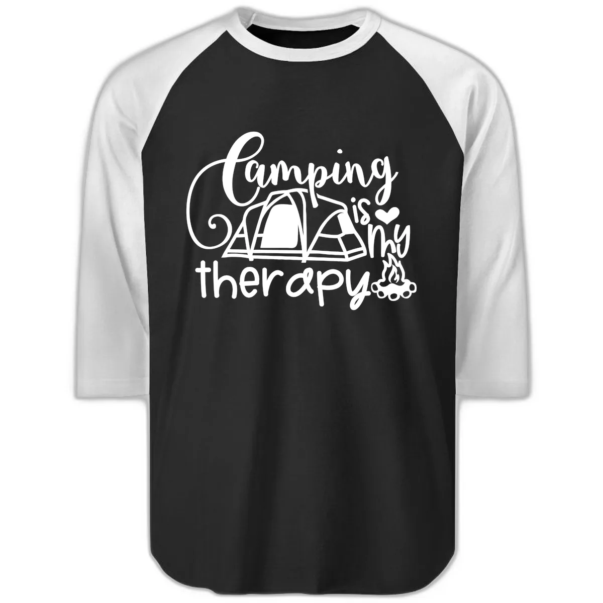 Camping Is Therapy Tent Campfire Raglan 3/4 in Black White