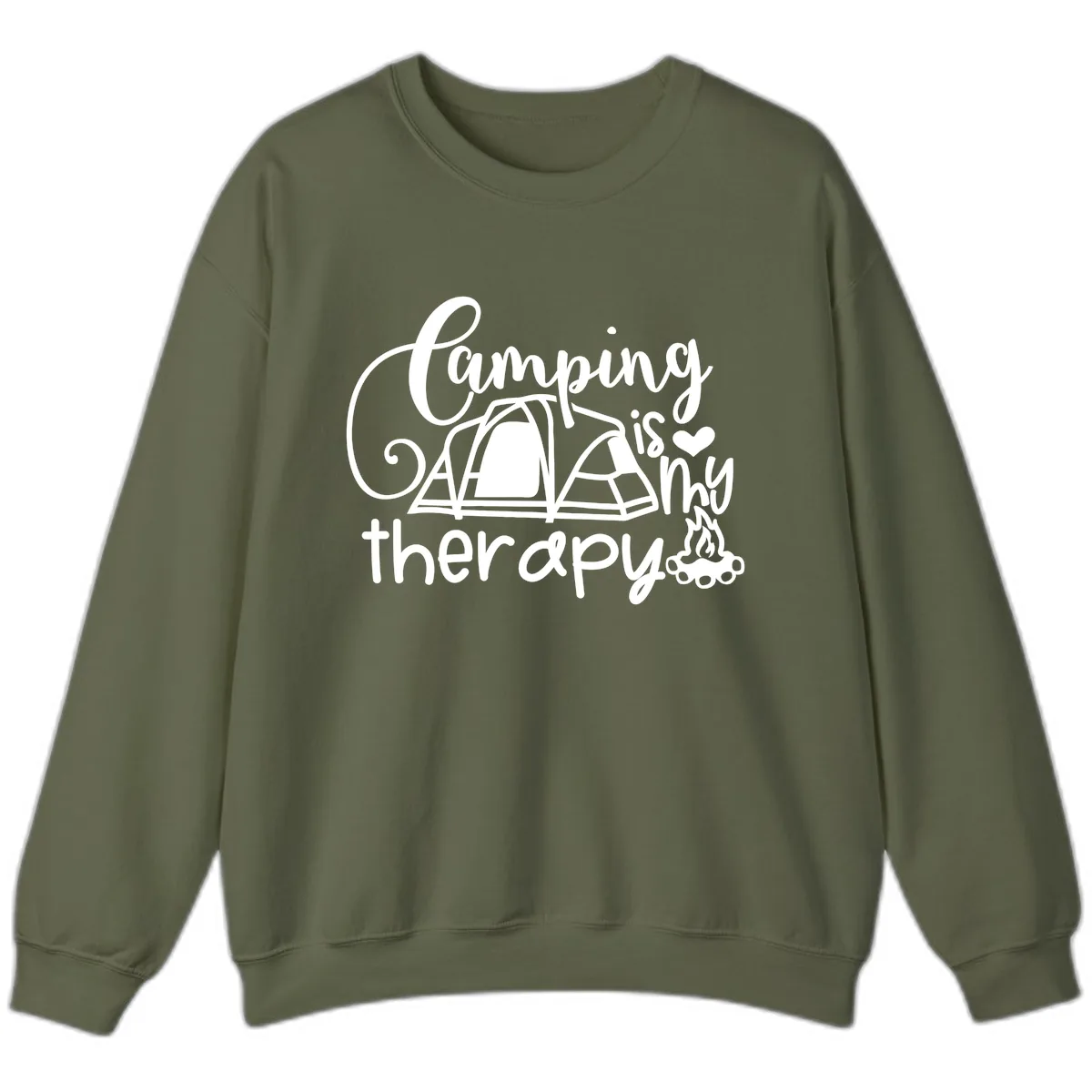 Camping Is Therapy Tent Campfire Sweatshirt in Military Green