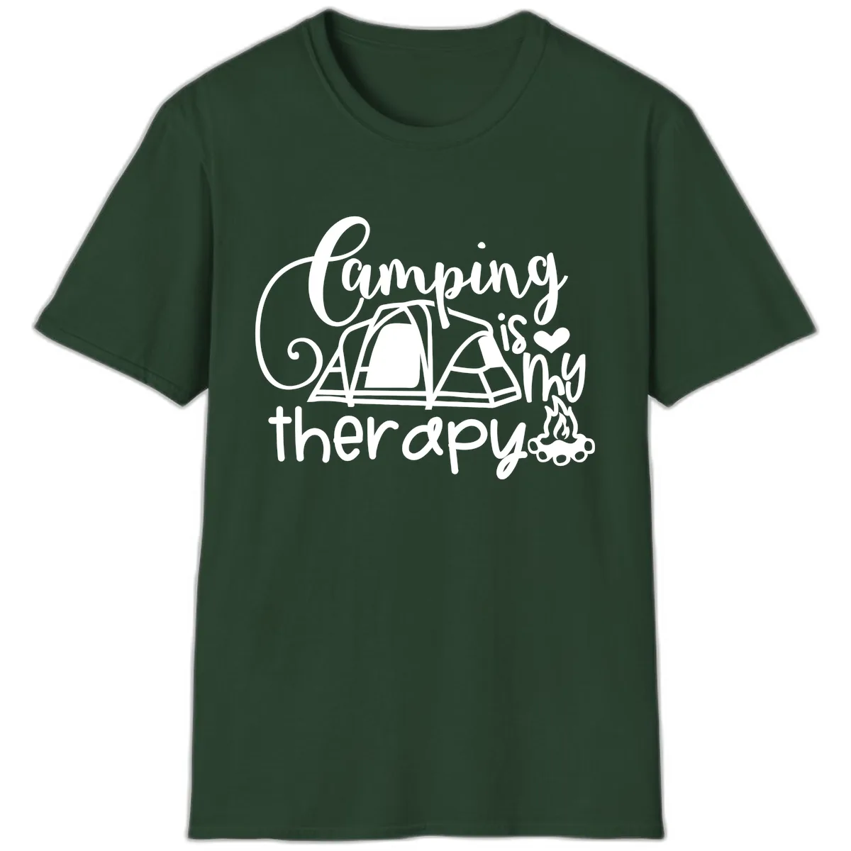 Camping Is Therapy Tent Campfire T-Shirt in Forest Green