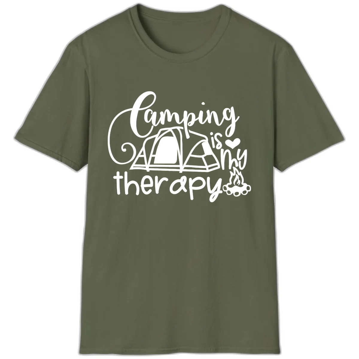 Camping Is Therapy Tent Campfire T-Shirt in Military Green