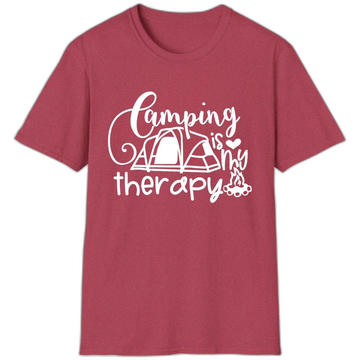 Camping Is Therapy Tent Campfire T-Shirt in Heather Cardinal