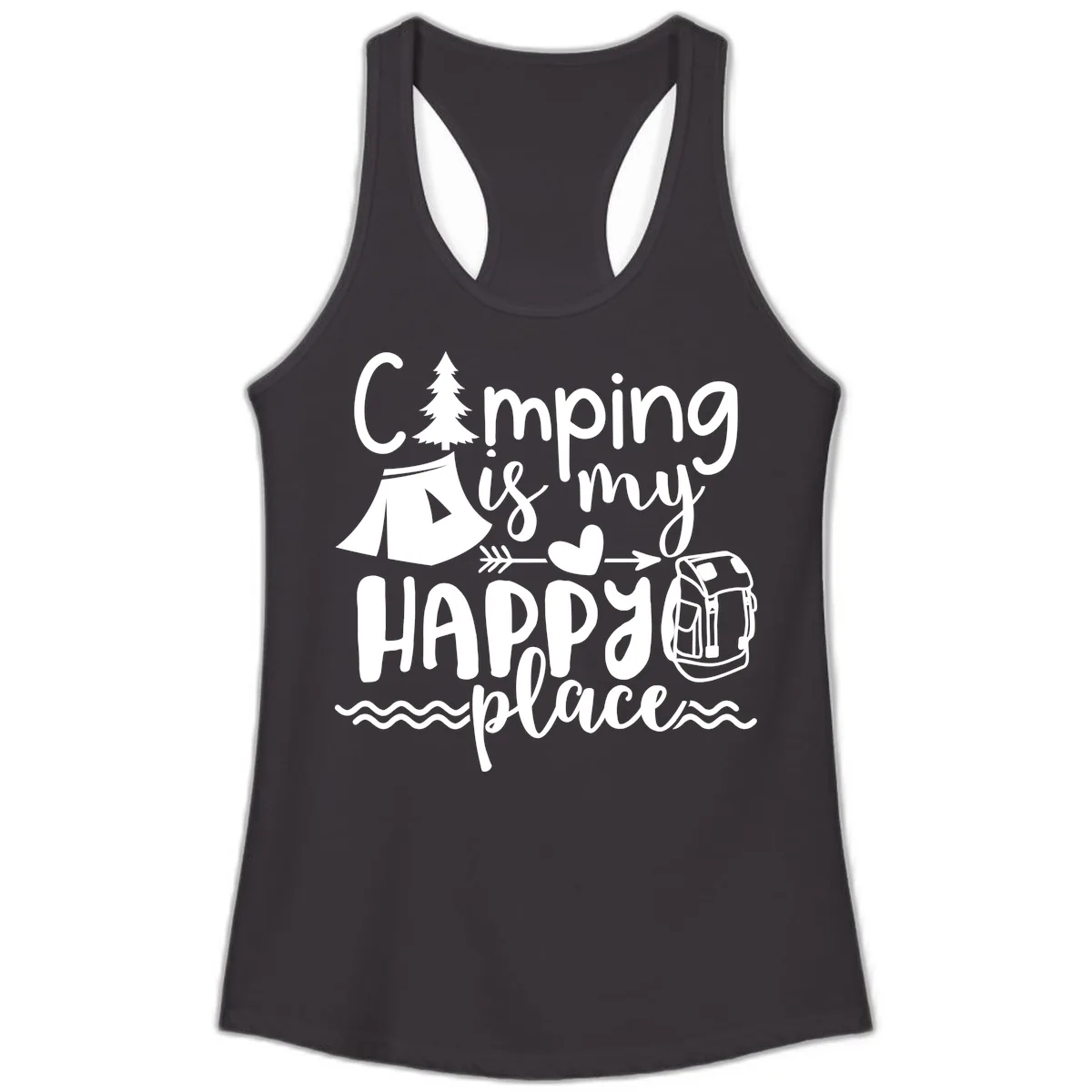 Camping Is My Happy Place Ladies Tank in Black