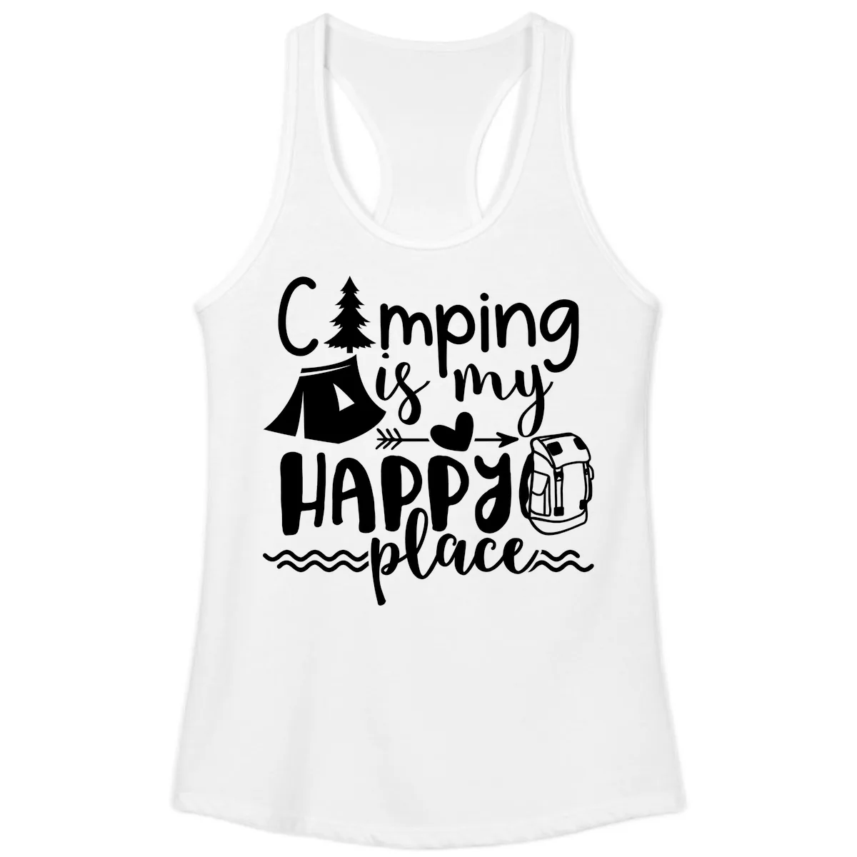 Camping Is My Happy Place Ladies Tank in White