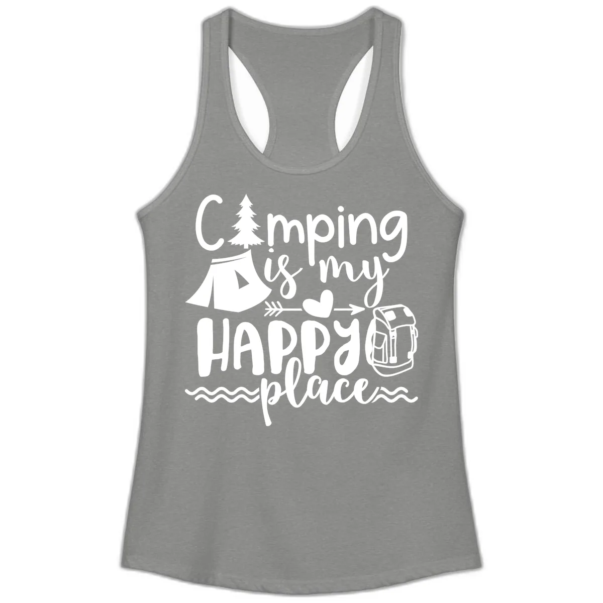 Camping Is My Happy Place Ladies Tank in Heather Grey
