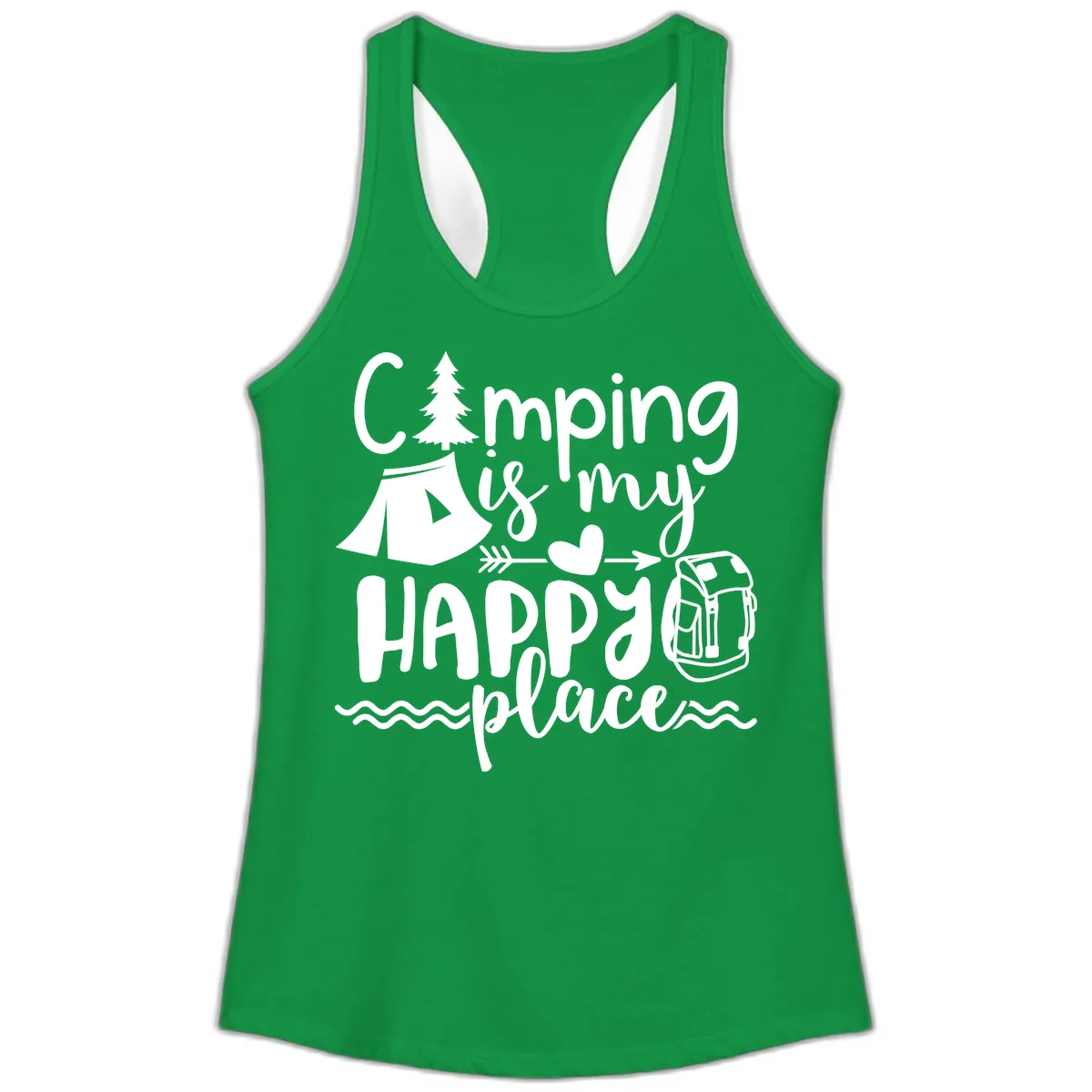 Camping Is My Happy Place Ladies Tank in Solid Kelly Green