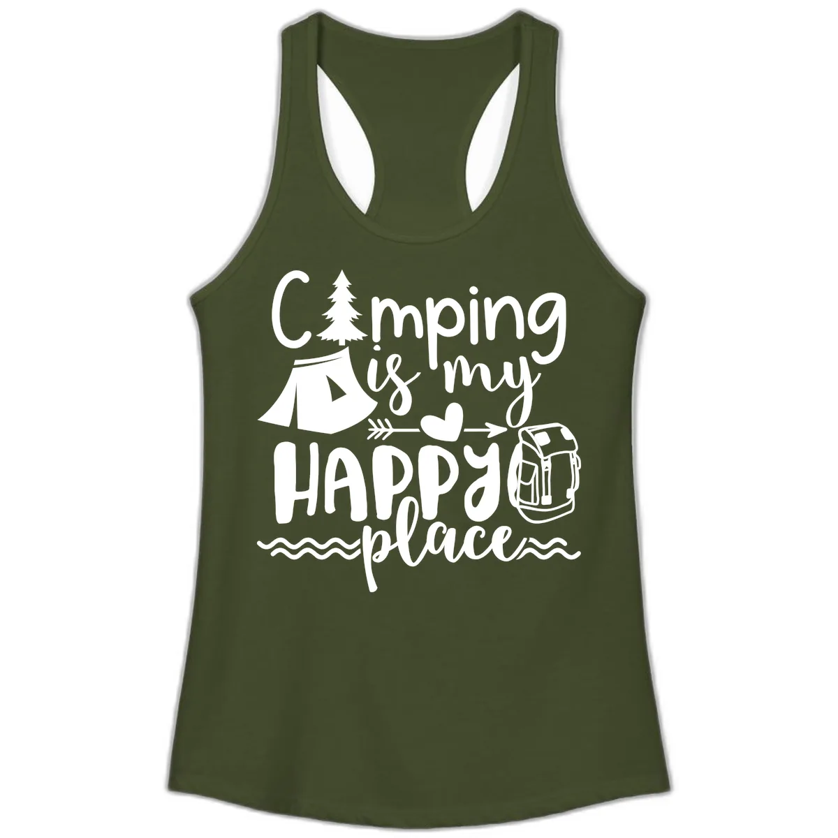 Camping Is My Happy Place Ladies Tank in Solid Military Green