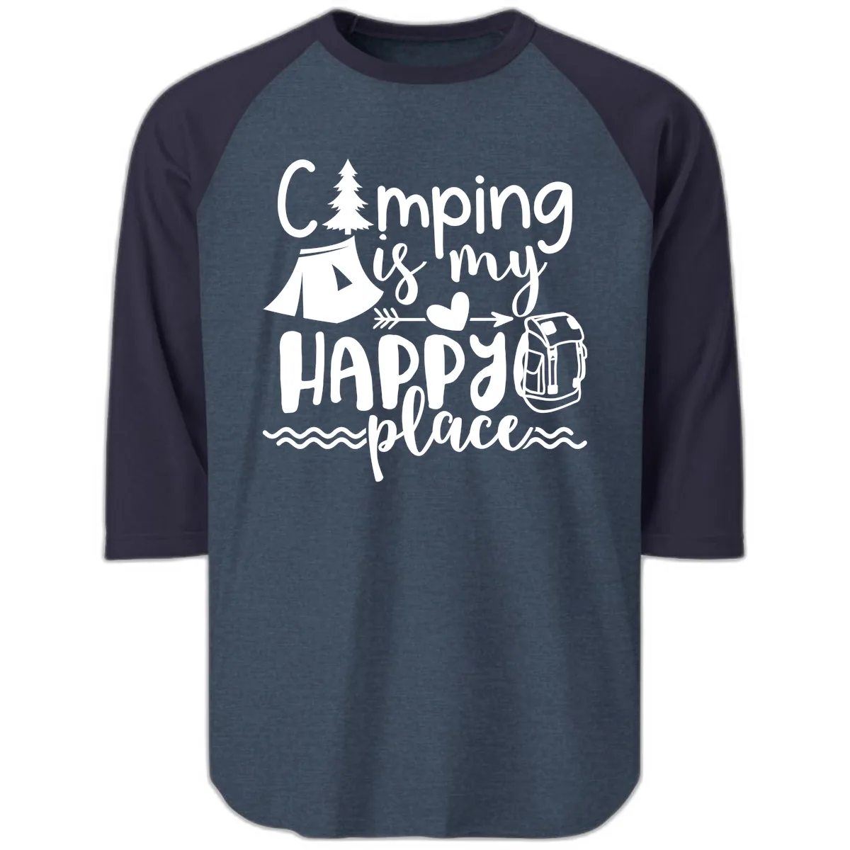 Camping Is My Happy Place Raglan 3/4 in Heather Denim Navy