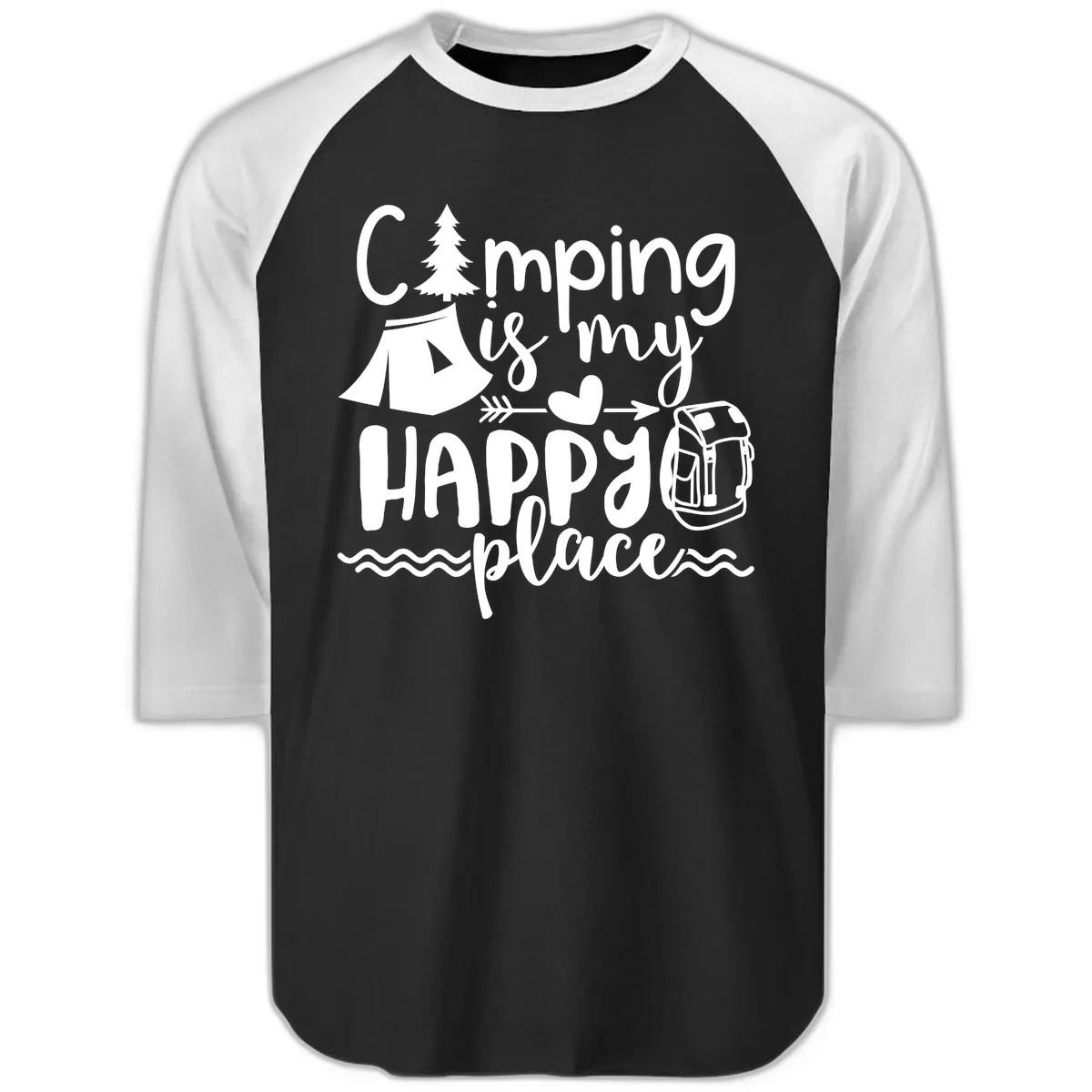 Camping Is My Happy Place Raglan 3/4 in Black White
