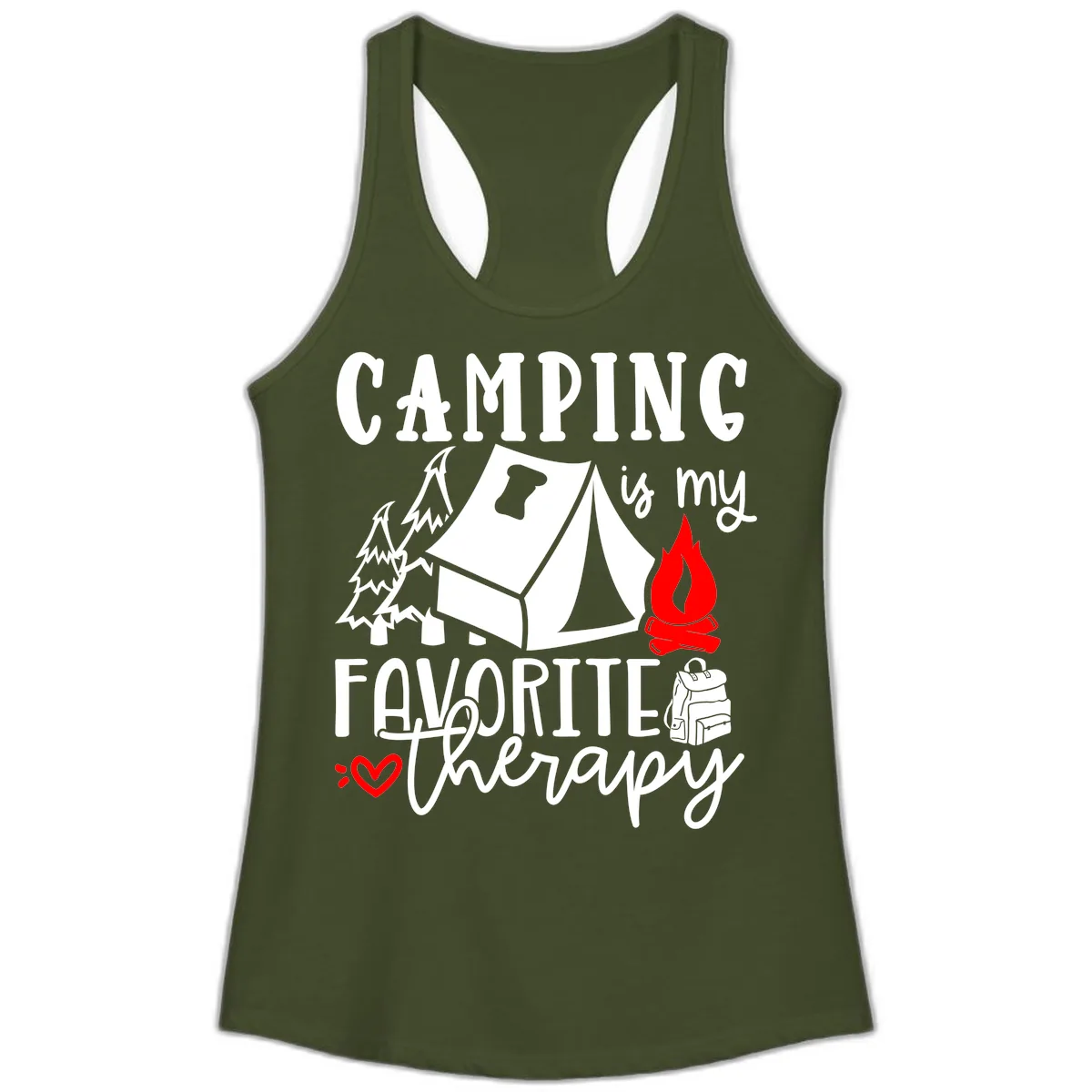 Camping Is My Favorite Therapy Ladies Tank in Solid Military Green