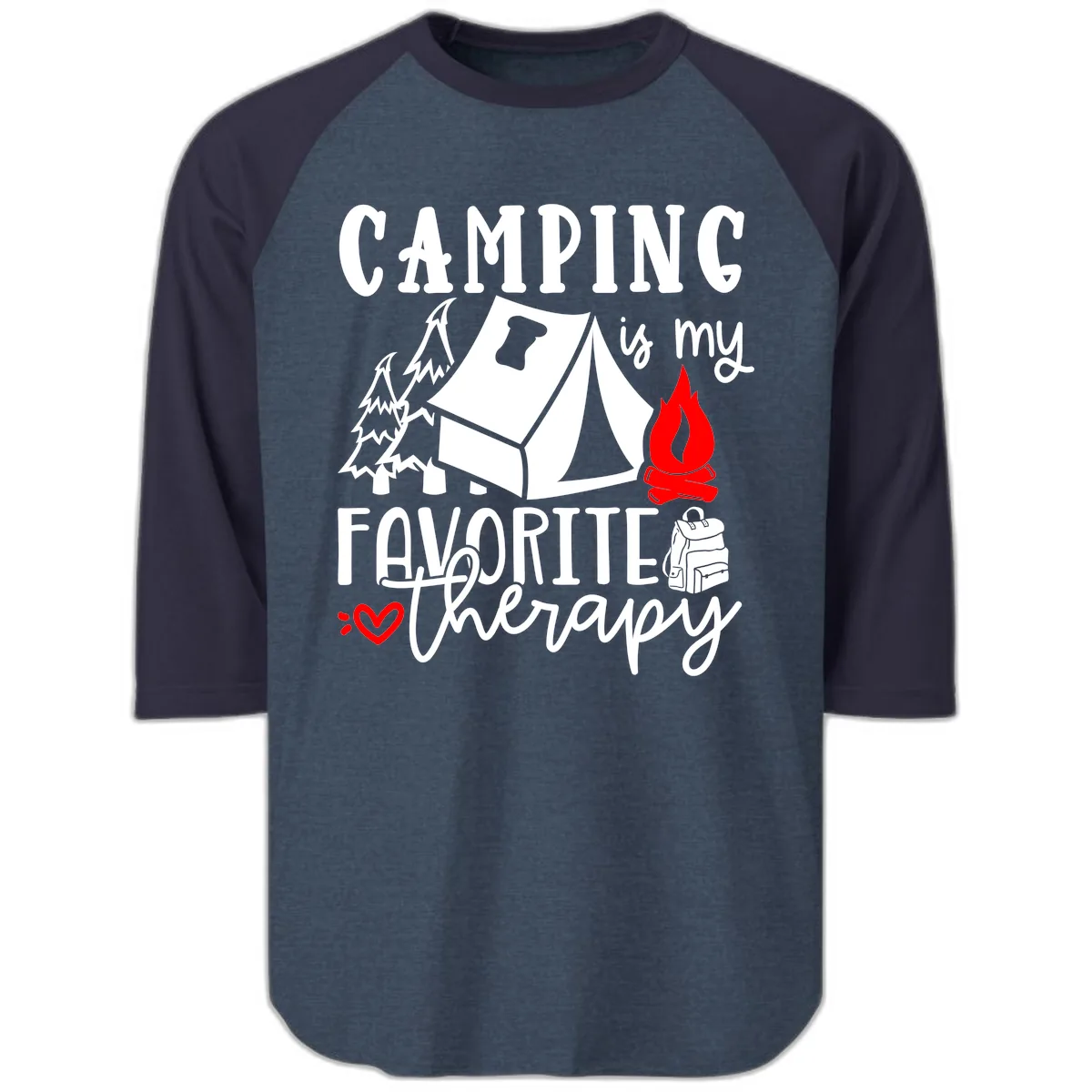 Camping Is My Favorite Therapy Raglan 3/4 in Heather Denim Navy