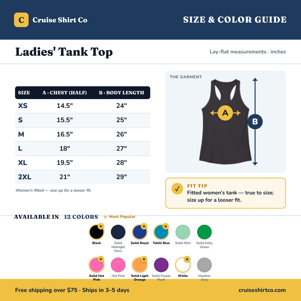 Ladies Tank size & color guide