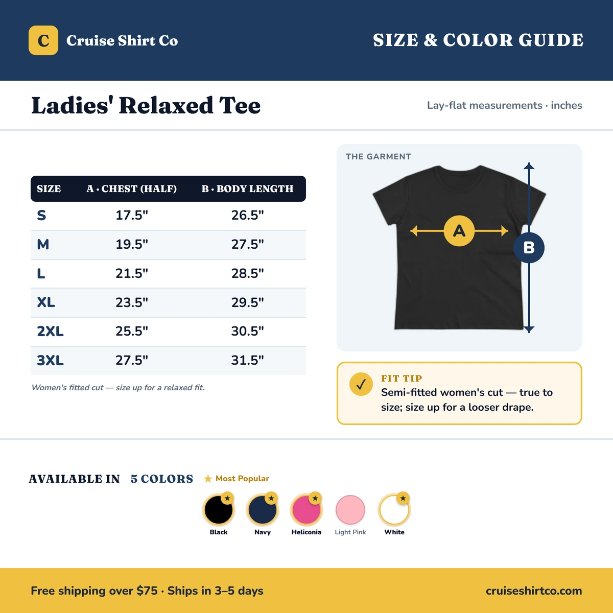 Ladies Tee size & color guide