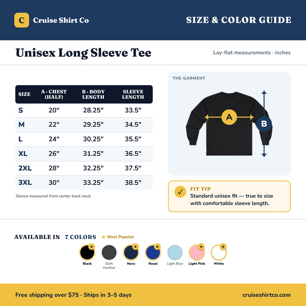 Long Sleeve size & color guide