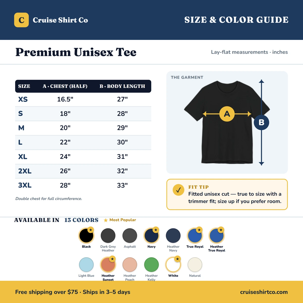 Premium T-Shirt size & color guide