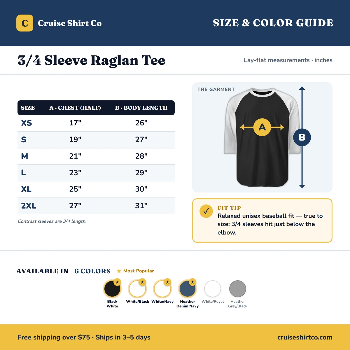 Raglan 3/4 size & color guide