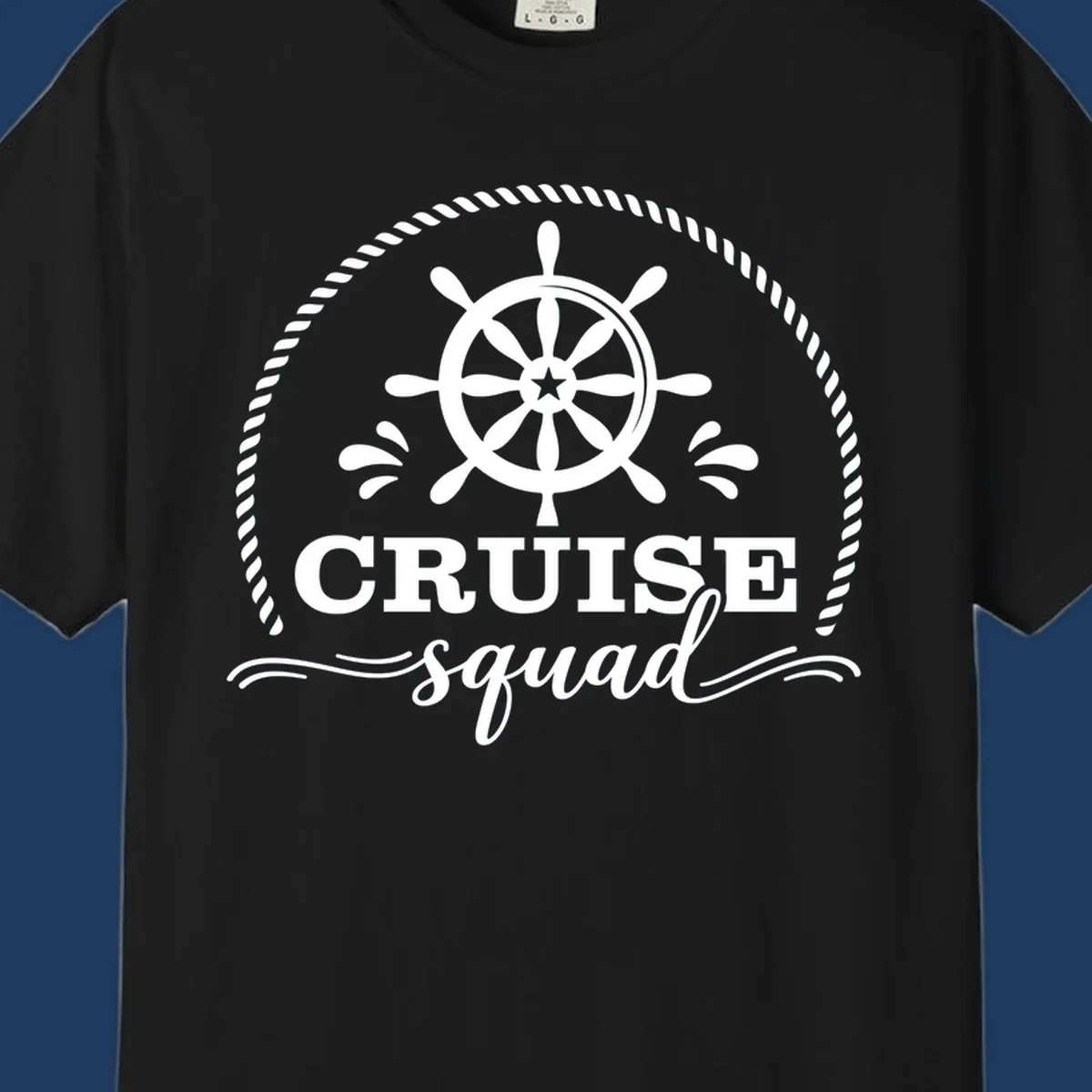Cruise squad nautical badge with ship's wheel, rope border, and water splashes on gray background