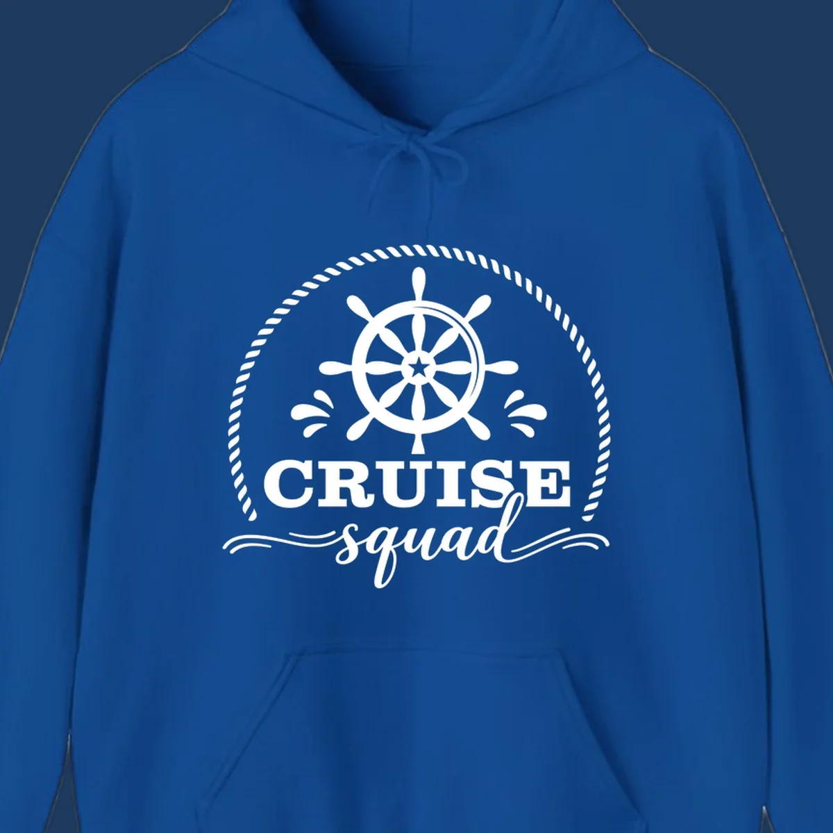Cruise squad nautical badge with ship's wheel, rope border, and water splashes on gray background