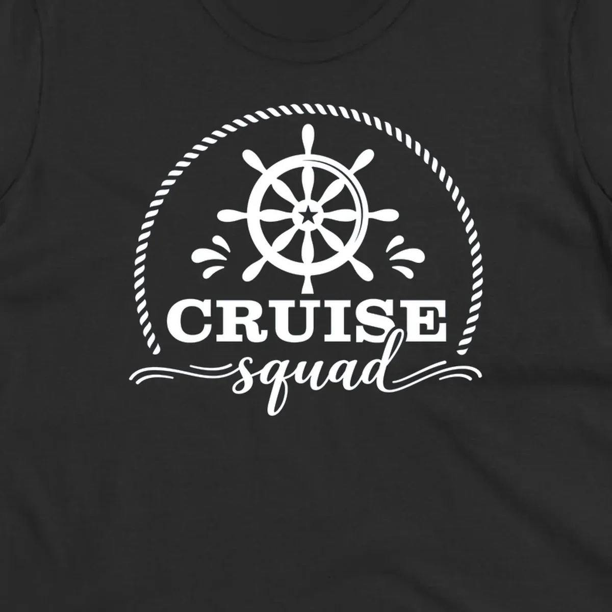 Cruise squad nautical badge with ship's wheel, rope border, and water splashes on gray background