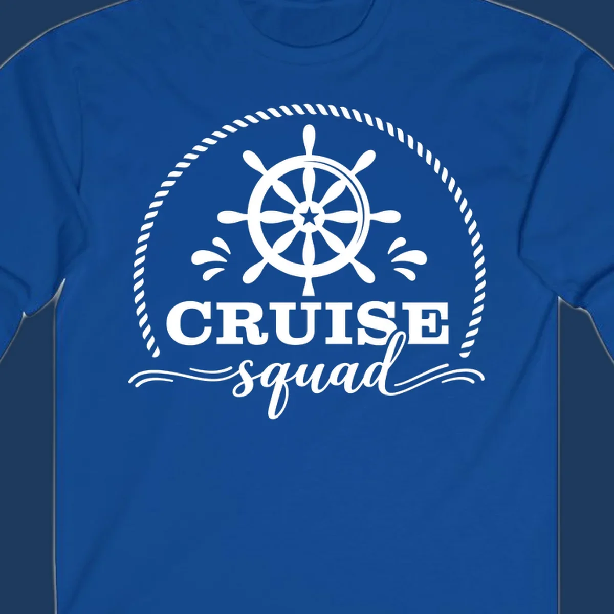 Cruise squad nautical badge with ship's wheel, rope border, and water splashes on gray background