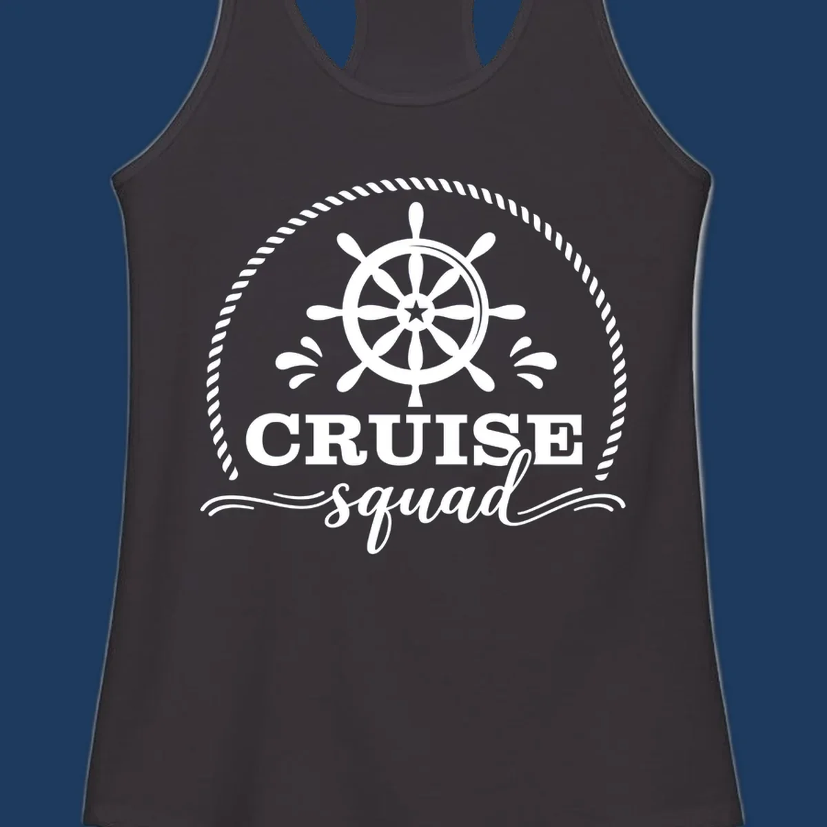 Cruise squad nautical badge with ship's wheel, rope border, and water splashes on gray background