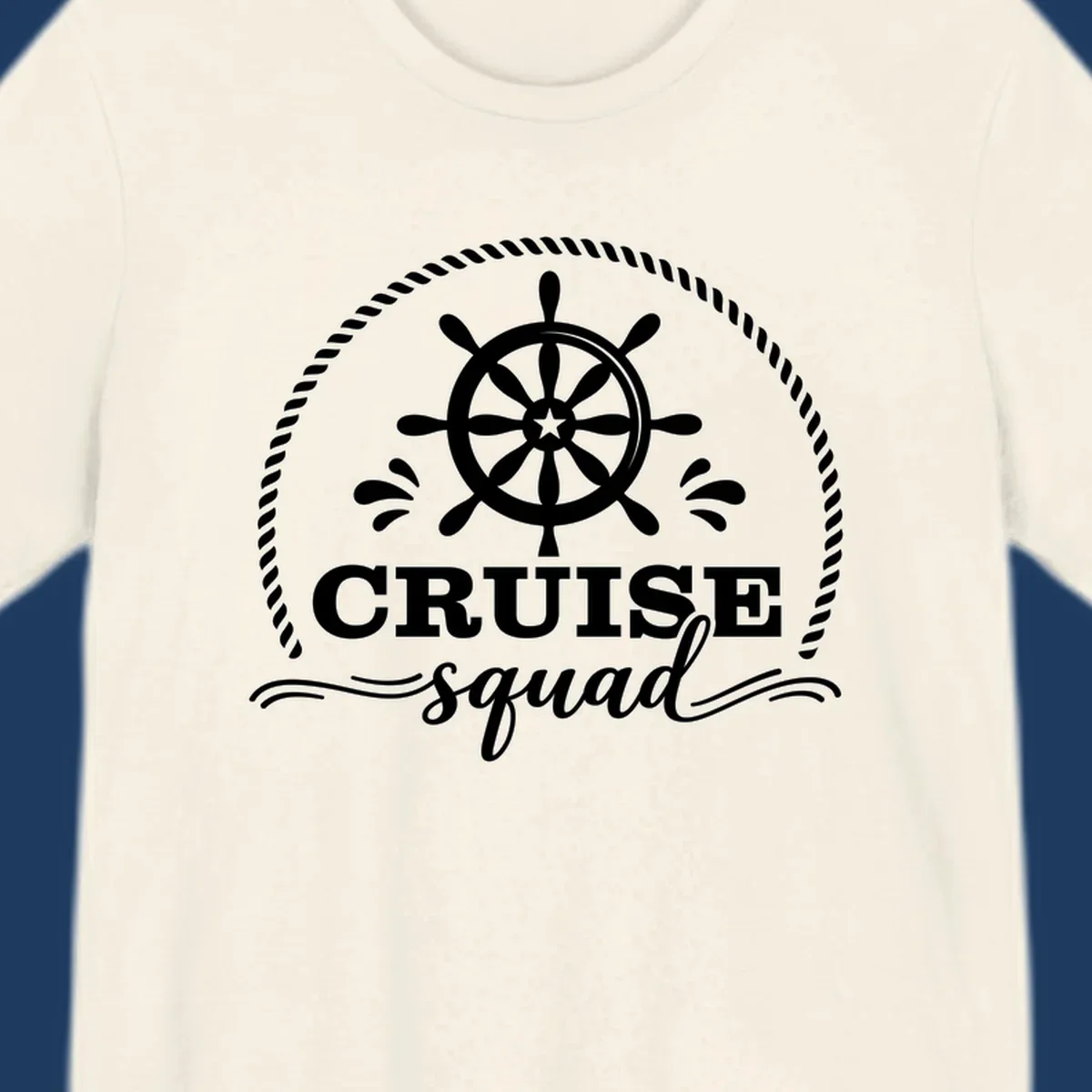 Cruise squad nautical badge with ship's wheel, rope border, and water splashes on gray background