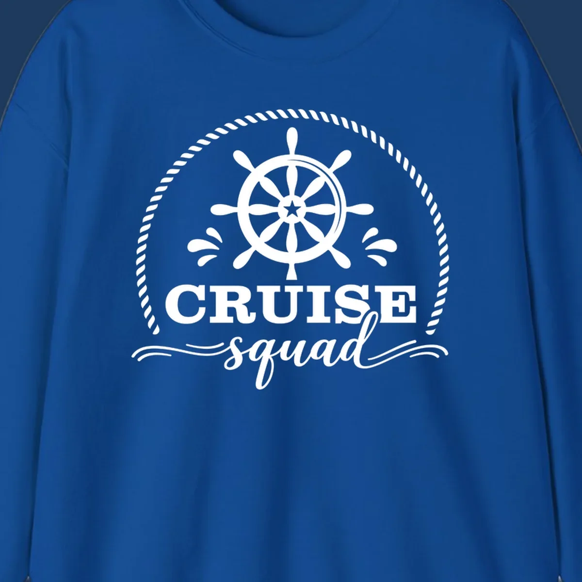Cruise squad nautical badge with ship's wheel, rope border, and water splashes on gray background
