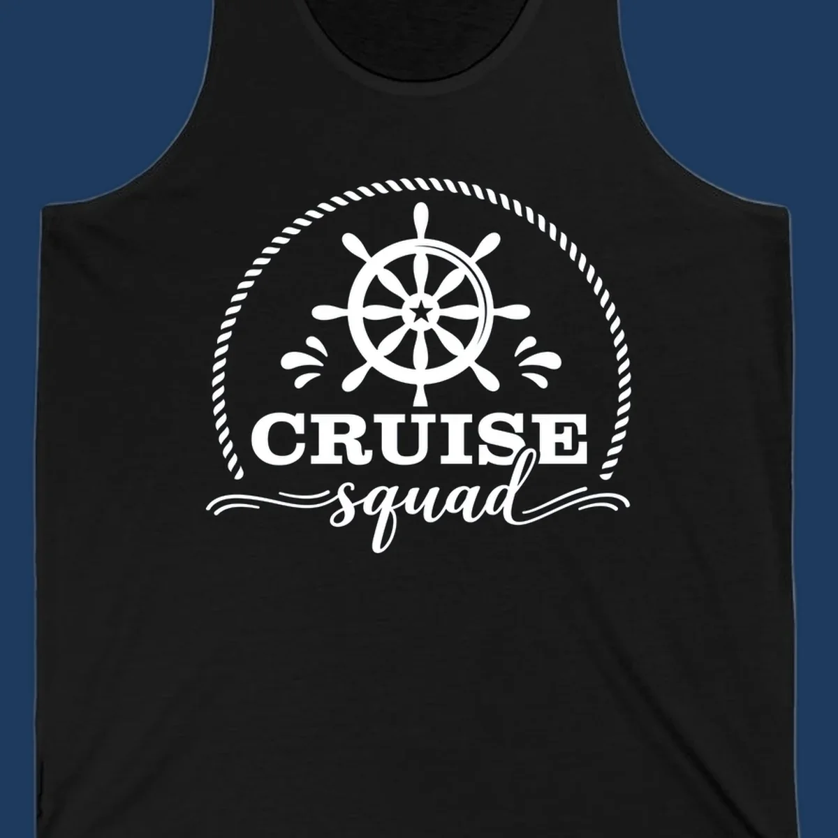 Cruise squad nautical badge with ship's wheel, rope border, and water splashes on gray background