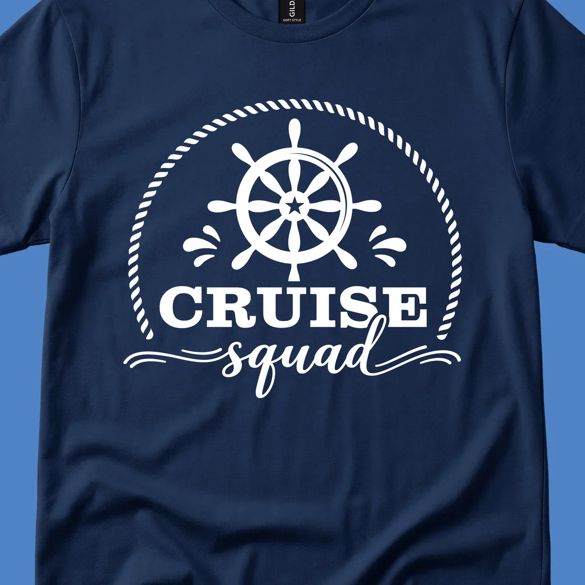Cruise squad nautical badge with ship's wheel, rope border, and water splashes on gray background